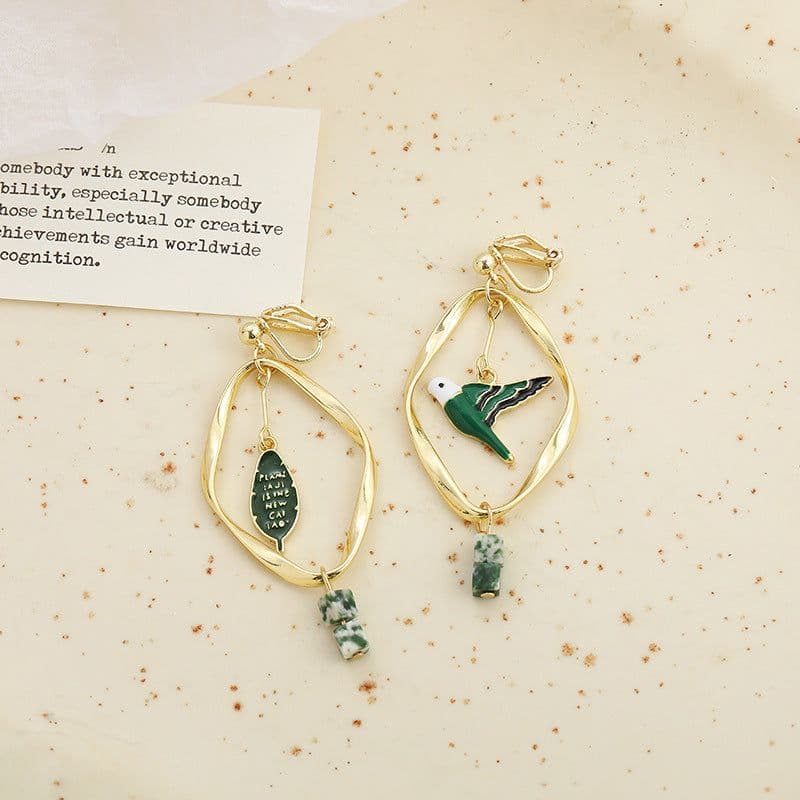 image-Retro Mori Style Green Bird Earrings Geometric Leaf Ear Clip