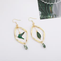 image-Retro Mori Style Green Bird Earrings Geometric Leaf Ear Clip