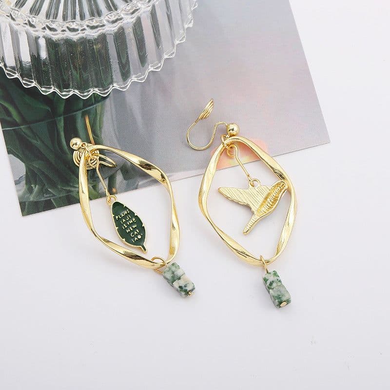image-Retro Mori Style Green Bird Earrings Geometric Leaf Ear Clip
