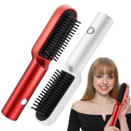 image-USB Portable Hot Air Comb Rechargable Professional Hair Dryer Brush 2 In1 Mini Hair Straightener Curler Brush Hair Styler