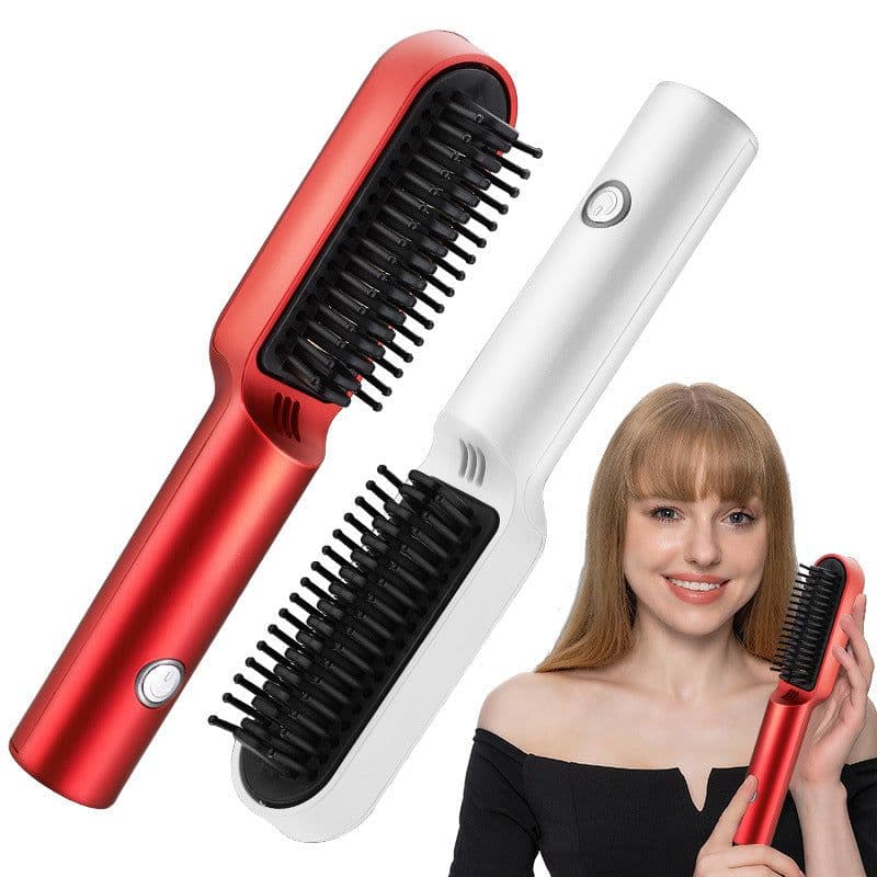 image-USB Portable Hot Air Comb Rechargable Professional Hair Dryer Brush 2 In1 Mini Hair Straightener Curler Brush Hair Styler