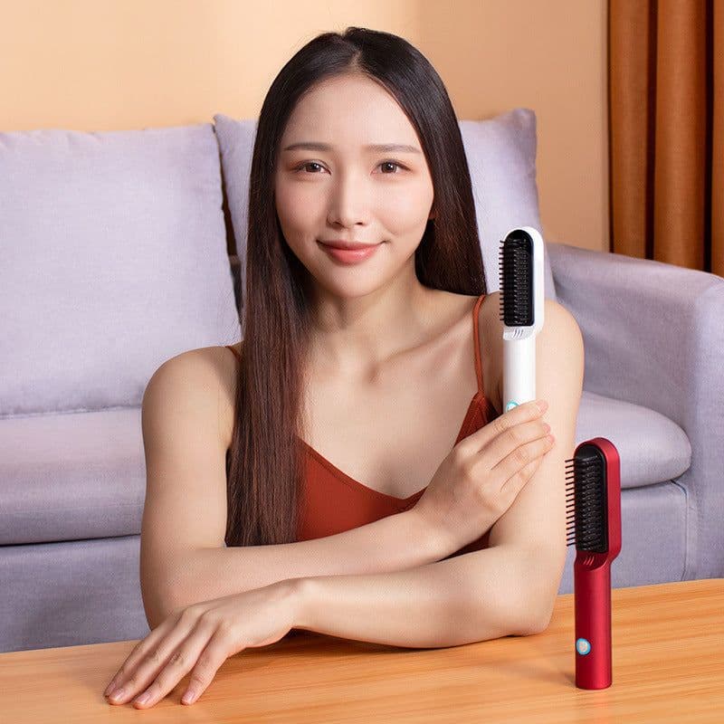 image-USB Portable Hot Air Comb Rechargable Professional Hair Dryer Brush 2 In1 Mini Hair Straightener Curler Brush Hair Styler