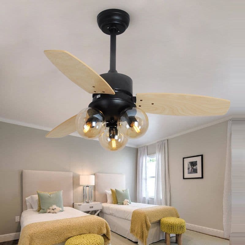 image-Nordic Industrial Wind Magic Bean Glass Ceiling Fan Light Wood Leaf Black Fan Lamp