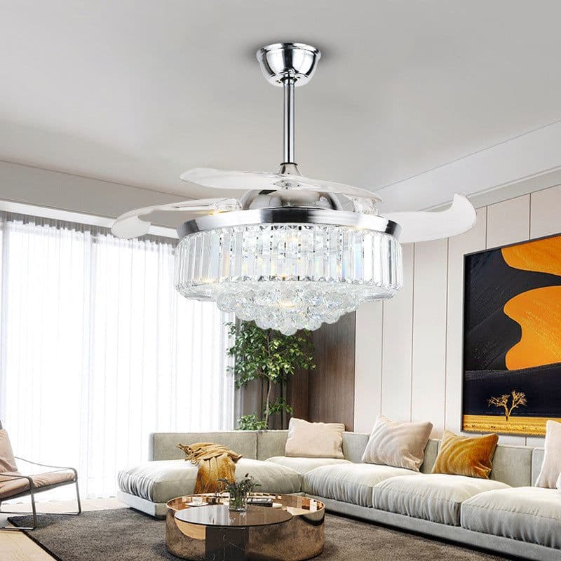 image-Crystal Fan Lights European Ceiling Fan Lights Living Room Bedroom Dining Room Invisible Led Fan Chandelier All Copper