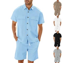 image-Summer Suits Men Short Sleeve Lapel Pockets Shirt And Drawstring Shorts Sports Fashion Leisure Men's Clothing