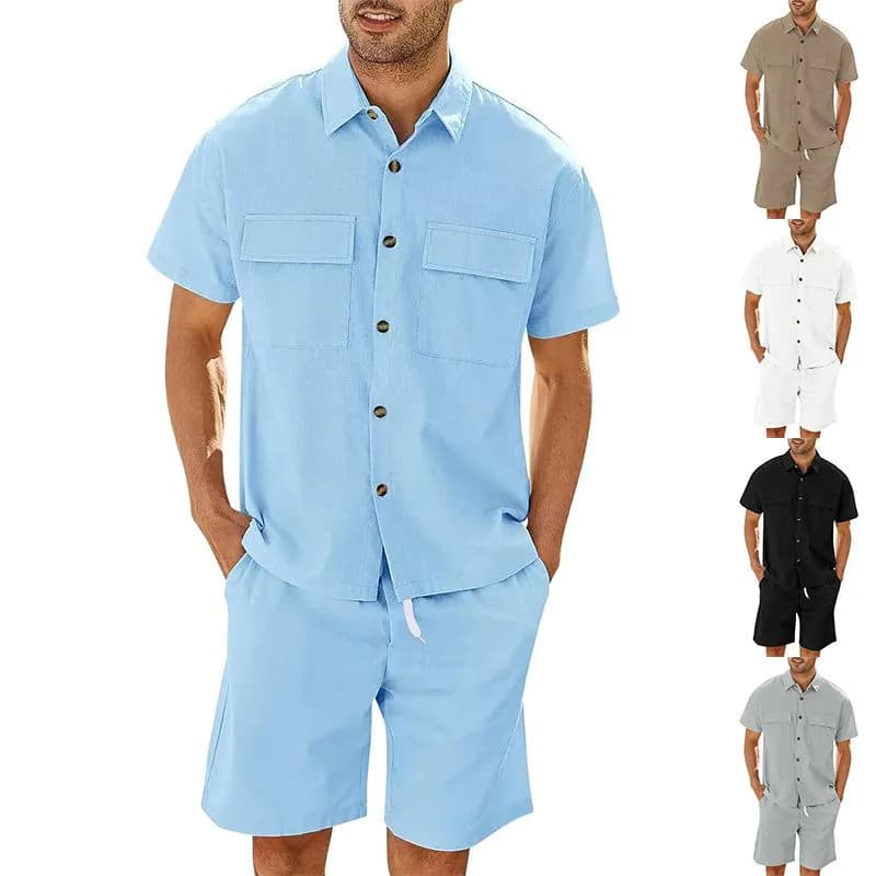 image-Summer Suits Men Short Sleeve Lapel Pockets Shirt And Drawstring Shorts Sports Fashion Leisure Men's Clothing