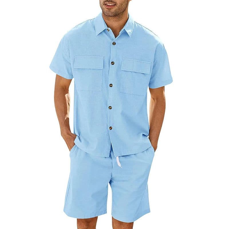 image-Summer Suits Men Short Sleeve Lapel Pockets Shirt And Drawstring Shorts Sports Fashion Leisure Men's Clothing