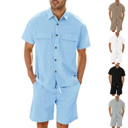 image-Summer Suits Men Short Sleeve Lapel Pockets Shirt And Drawstring Shorts Sports Fashion Leisure Men's Clothing