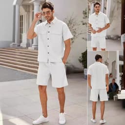 image-Summer Suits Men Short Sleeve Lapel Pockets Shirt And Drawstring Shorts Sports Fashion Leisure Men's Clothing