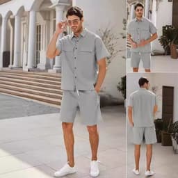 image-Summer Suits Men Short Sleeve Lapel Pockets Shirt And Drawstring Shorts Sports Fashion Leisure Men's Clothing