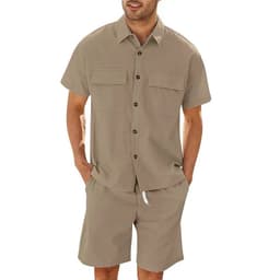 image-Summer Suits Men Short Sleeve Lapel Pockets Shirt And Drawstring Shorts Sports Fashion Leisure Men's Clothing
