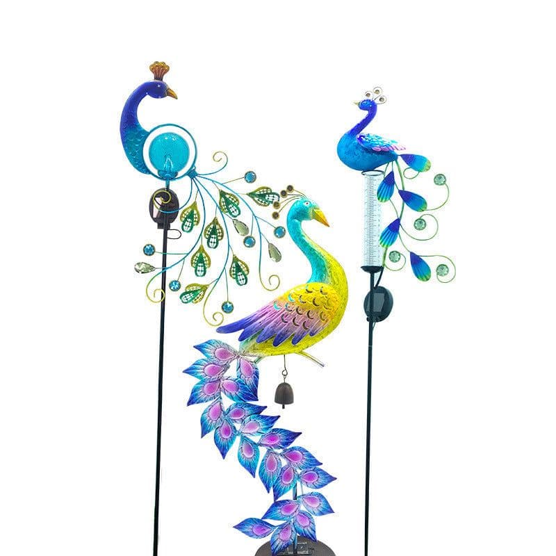 image-Solar Peacock Lamp And Plug Light Wrought Iron Solar Hollow Peacock Rain Gauge Peacock Ice