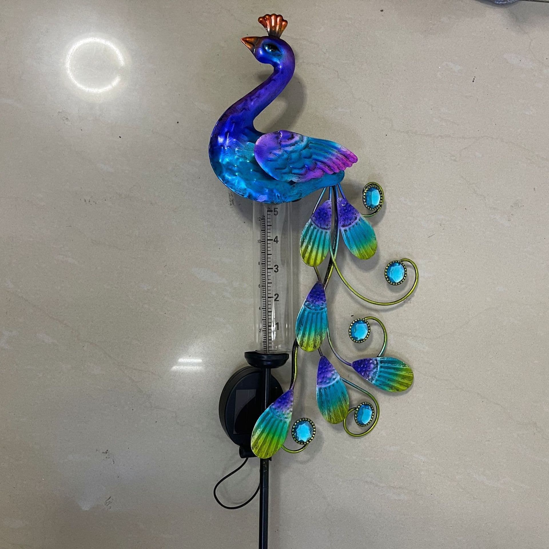 image-Solar Peacock Lamp And Plug Light Wrought Iron Solar Hollow Peacock Rain Gauge Peacock Ice