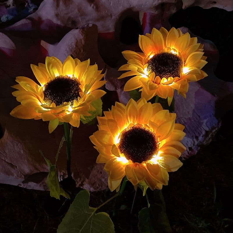 image-Led Solar Sunflower Three Head Lawn Garden Decorative Landscape Outdoor Lamp