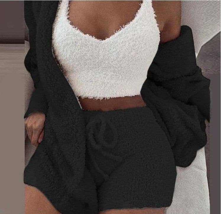 image-Winter Sexy Women Home Wear Suit Casual Pajamas Set Lady Female Soft Warm Long Sleeve Exposed Navel Vest Shorts Set
