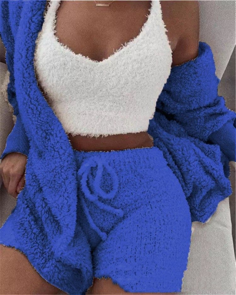 image-Winter Sexy Women Home Wear Suit Casual Pajamas Set Lady Female Soft Warm Long Sleeve Exposed Navel Vest Shorts Set