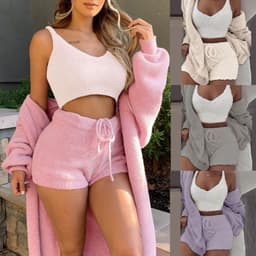 image-Winter Sexy Women Home Wear Suit Casual Pajamas Set Lady Female Soft Warm Long Sleeve Exposed Navel Vest Shorts Set