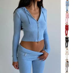 image-Hoodie Suit Women Leisure Sexy Zip Long Sleeve Sweater And High Waist Long Pants Set