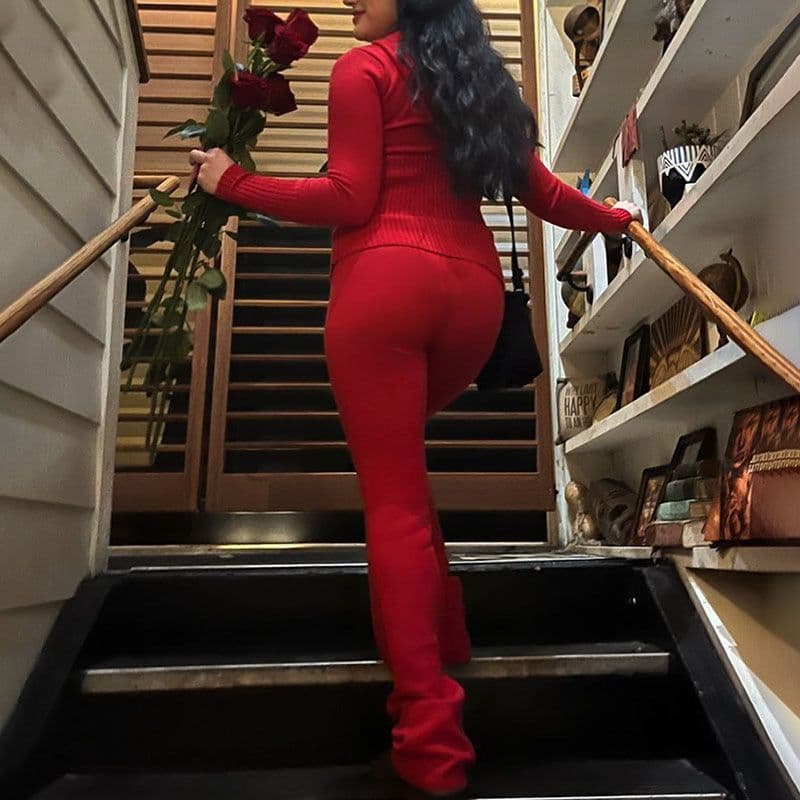 image-Hoodie Suit Women Leisure Sexy Zip Long Sleeve Sweater And High Waist Long Pants Set
