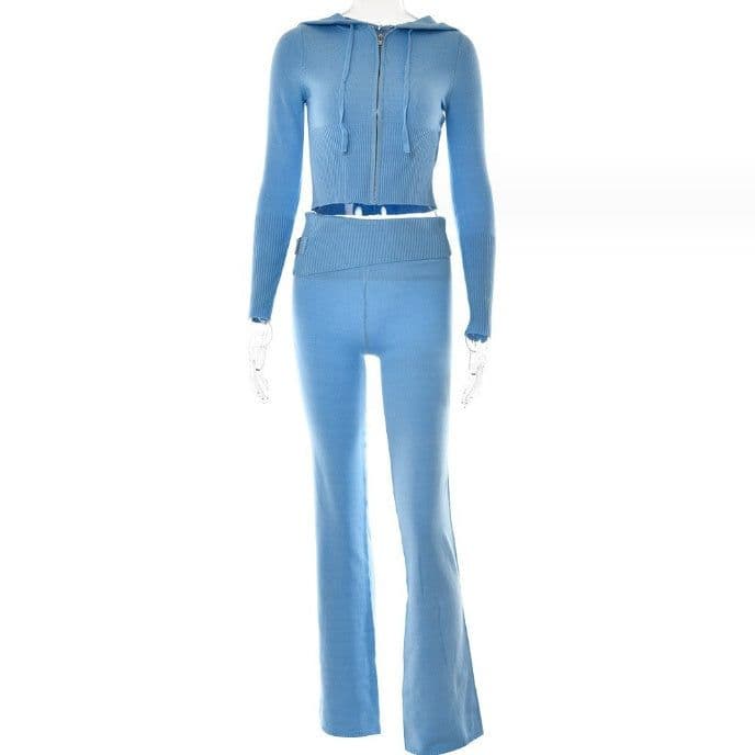 image-Hoodie Suit Women Leisure Sexy Zip Long Sleeve Sweater And High Waist Long Pants Set