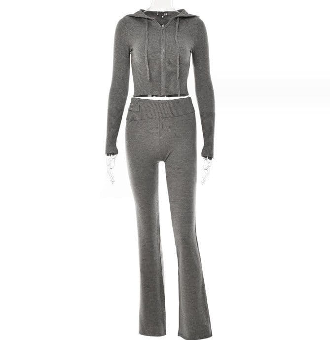 image-Hoodie Suit Women Leisure Sexy Zip Long Sleeve Sweater And High Waist Long Pants Set