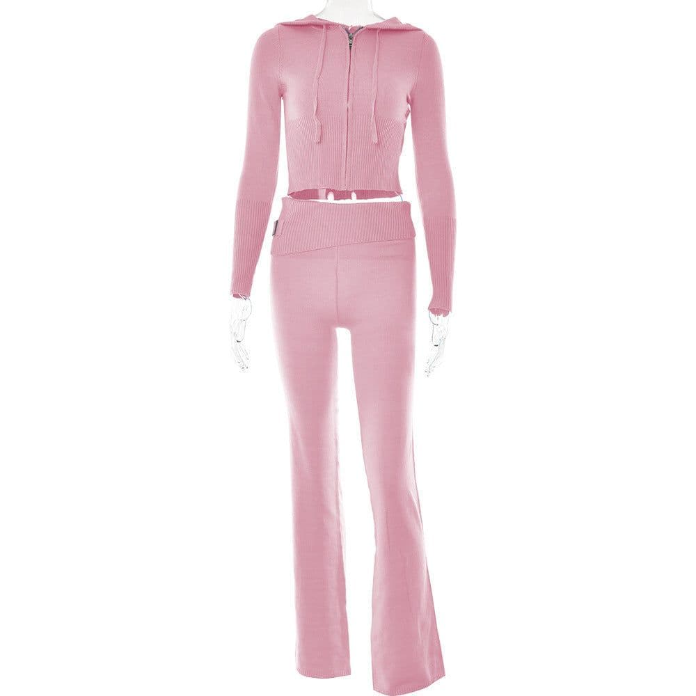 image-Hoodie Suit Women Leisure Sexy Zip Long Sleeve Sweater And High Waist Long Pants Set