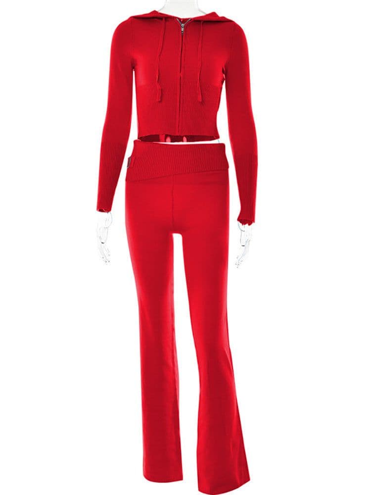 image-Hoodie Suit Women Leisure Sexy Zip Long Sleeve Sweater And High Waist Long Pants Set