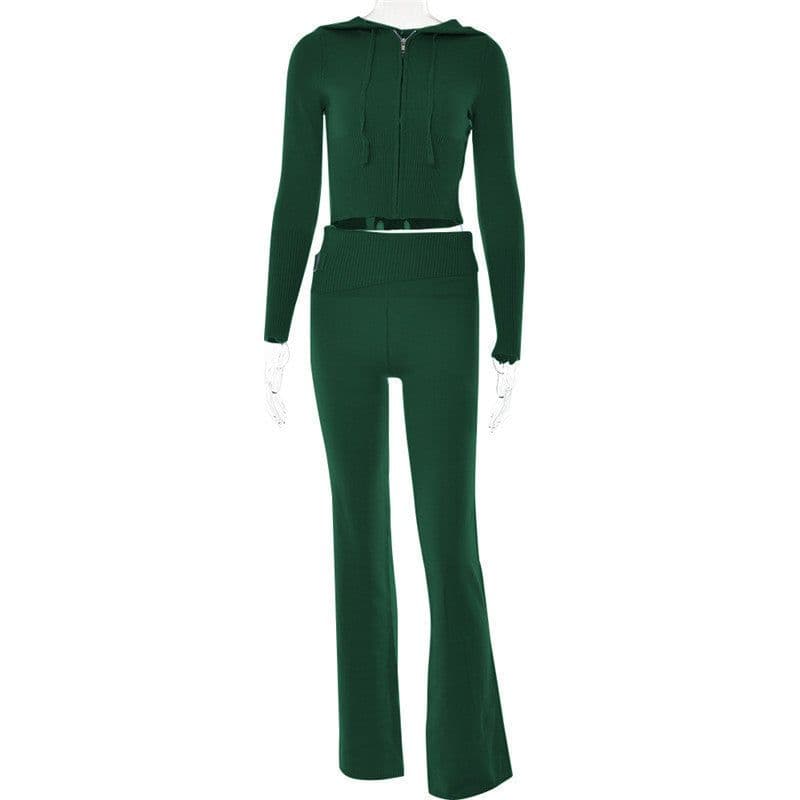 image-Hoodie Suit Women Leisure Sexy Zip Long Sleeve Sweater And High Waist Long Pants Set