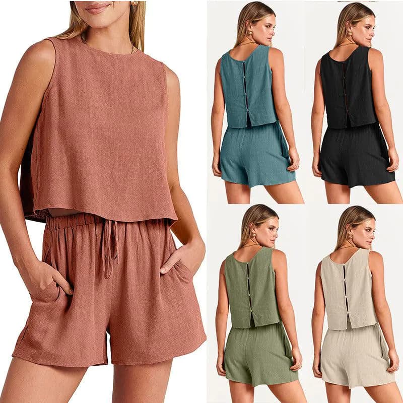 image-Women's Set Summer Sleeveless Tops And Drawstring Shorts Fashion Suit 2pcs