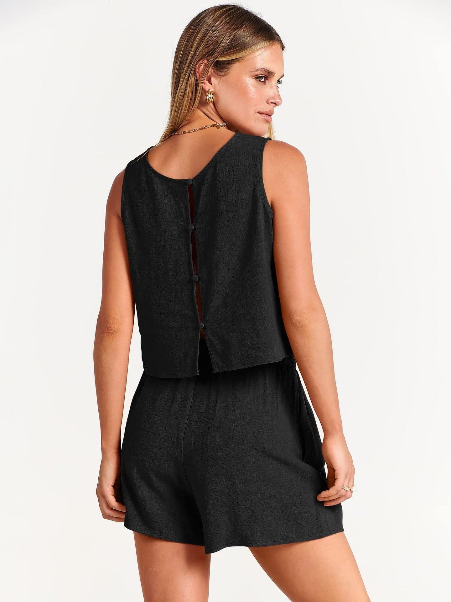 image-Women's Set Summer Sleeveless Tops And Drawstring Shorts Fashion Suit 2pcs