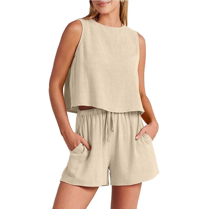 image-Women's Set Summer Sleeveless Tops And Drawstring Shorts Fashion Suit 2pcs