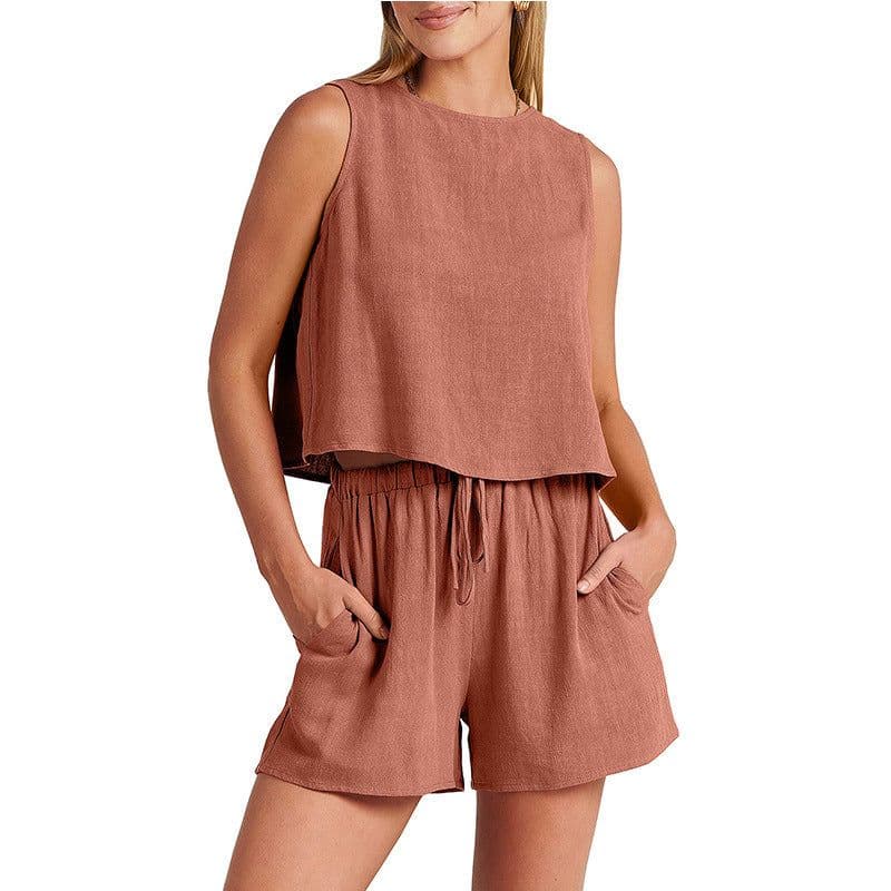 image-Women's Set Summer Sleeveless Tops And Drawstring Shorts Fashion Suit 2pcs