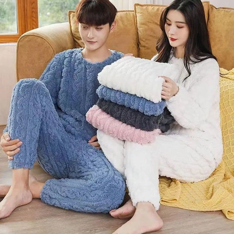 image-Winter Pajamas Sets Homewear Solid Color Loose Thickened Coral Velvet Pullover Long Sleeves And Trousers Warm Pajamas Indoor Outdoor Casual Clothes