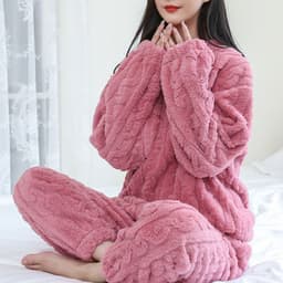 image-Winter Pajamas Sets Homewear Solid Color Loose Thickened Coral Velvet Pullover Long Sleeves And Trousers Warm Pajamas Indoor Outdoor Casual Clothes