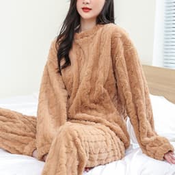 image-Winter Pajamas Sets Homewear Solid Color Loose Thickened Coral Velvet Pullover Long Sleeves And Trousers Warm Pajamas Indoor Outdoor Casual Clothes