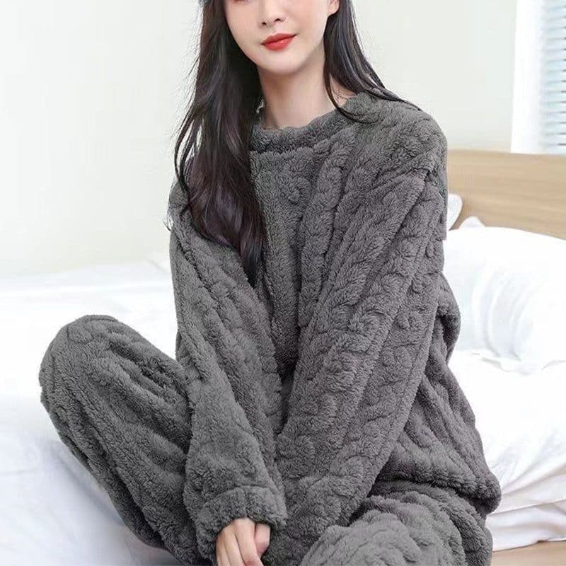 image-Winter Pajamas Sets Homewear Solid Color Loose Thickened Coral Velvet Pullover Long Sleeves And Trousers Warm Pajamas Indoor Outdoor Casual Clothes