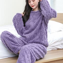 image-Winter Pajamas Sets Homewear Solid Color Loose Thickened Coral Velvet Pullover Long Sleeves And Trousers Warm Pajamas Indoor Outdoor Casual Clothes