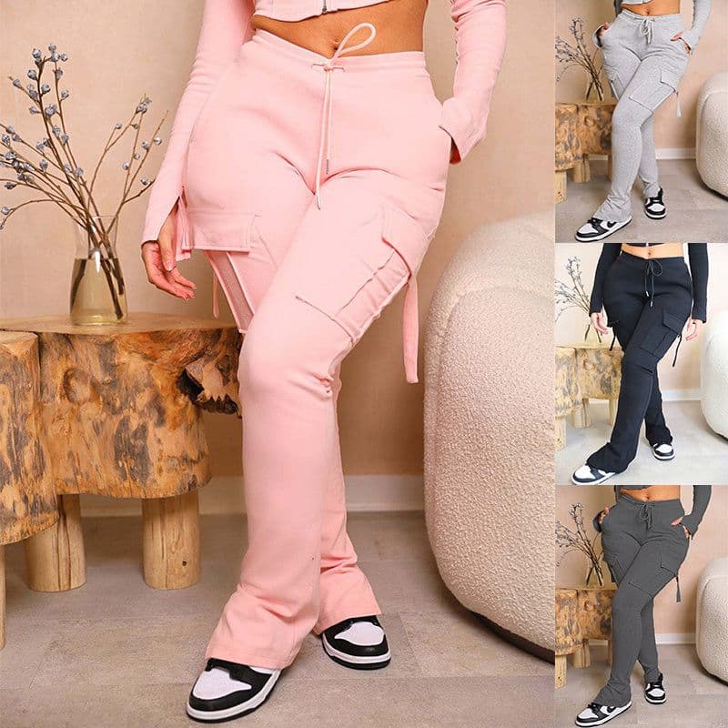 image-Cargo Pants With Pockets High Waist Drawstring Wide Leg Straight Trousers For Women Overalls