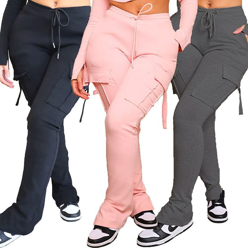 image-Cargo Pants With Pockets High Waist Drawstring Wide Leg Straight Trousers For Women Overalls