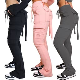 image-Cargo Pants With Pockets High Waist Drawstring Wide Leg Straight Trousers For Women Overalls
