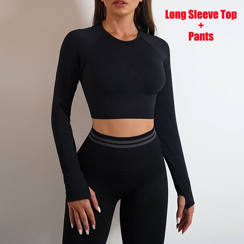 image-Seamless Yoga Pants Sports Gym Fitness Leggings Or Long Sleeve Tops Outfits Butt Lifting Slim Workout Sportswear Clothing