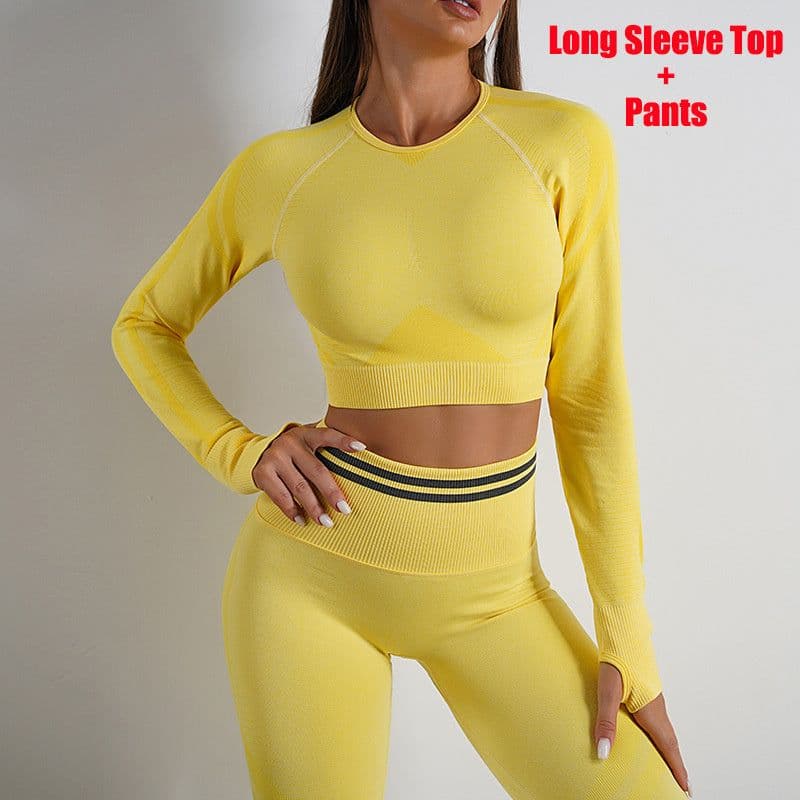 image-Seamless Yoga Pants Sports Gym Fitness Leggings Or Long Sleeve Tops Outfits Butt Lifting Slim Workout Sportswear Clothing
