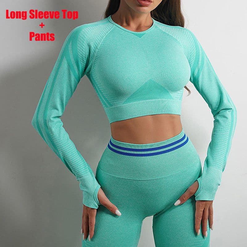 image-Seamless Yoga Pants Sports Gym Fitness Leggings Or Long Sleeve Tops Outfits Butt Lifting Slim Workout Sportswear Clothing