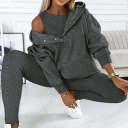 image-3pcs Women's Sports Suit Loose Hooded Pockets Sweatshirt And Vest And Slim Trousers