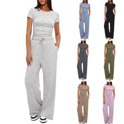 image-2pcs Solid Color Casual Sports Yoga Suit Short-sleeved Top And High-waisted Drawstring Wide-leg Pants Summer Fashion Set For Womens Clothing