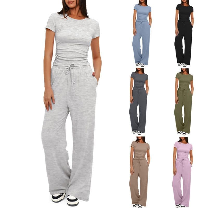 image-2pcs Solid Color Casual Sports Yoga Suit Short-sleeved Top And High-waisted Drawstring Wide-leg Pants Summer Fashion Set For Womens Clothing