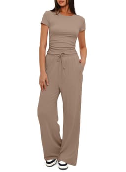 image-2pcs Solid Color Casual Sports Yoga Suit Short-sleeved Top And High-waisted Drawstring Wide-leg Pants Summer Fashion Set For Womens Clothing