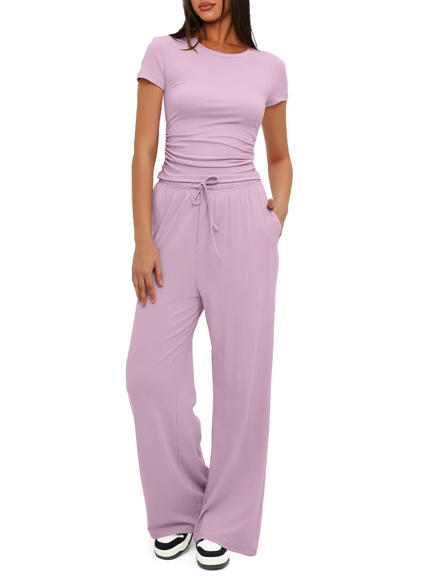 image-2pcs Solid Color Casual Sports Yoga Suit Short-sleeved Top And High-waisted Drawstring Wide-leg Pants Summer Fashion Set For Womens Clothing