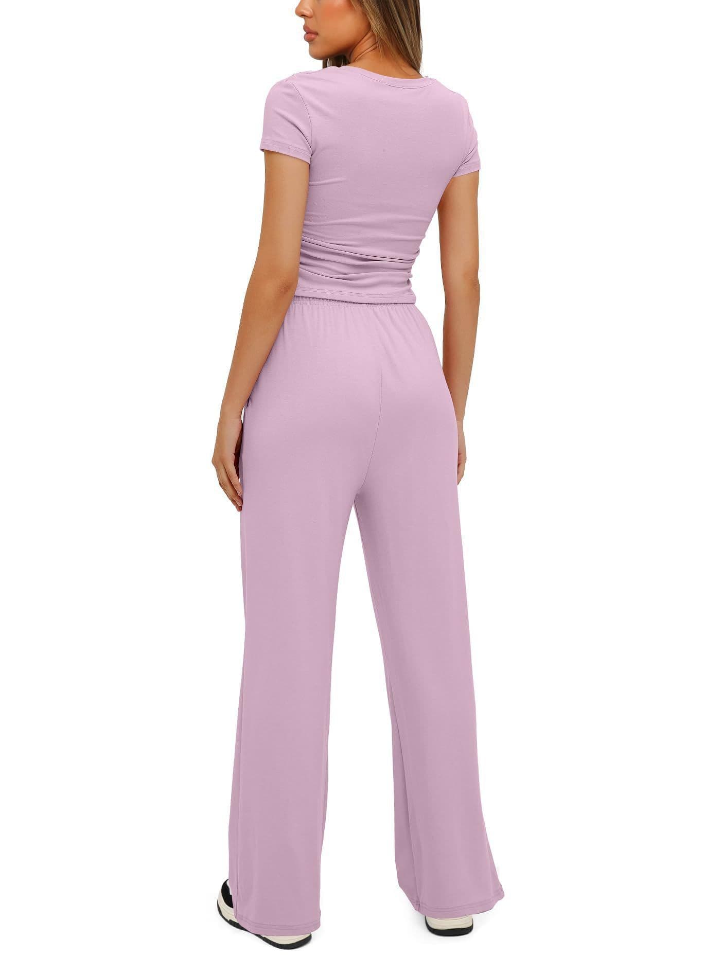 image-2pcs Solid Color Casual Sports Yoga Suit Short-sleeved Top And High-waisted Drawstring Wide-leg Pants Summer Fashion Set For Womens Clothing