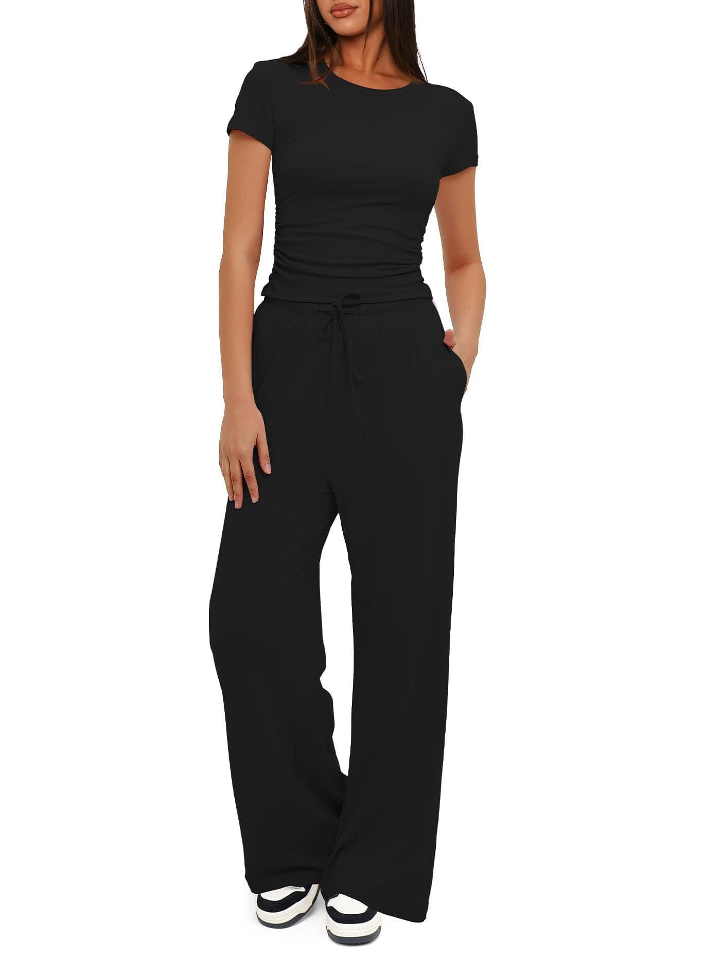image-2pcs Solid Color Casual Sports Yoga Suit Short-sleeved Top And High-waisted Drawstring Wide-leg Pants Summer Fashion Set For Womens Clothing